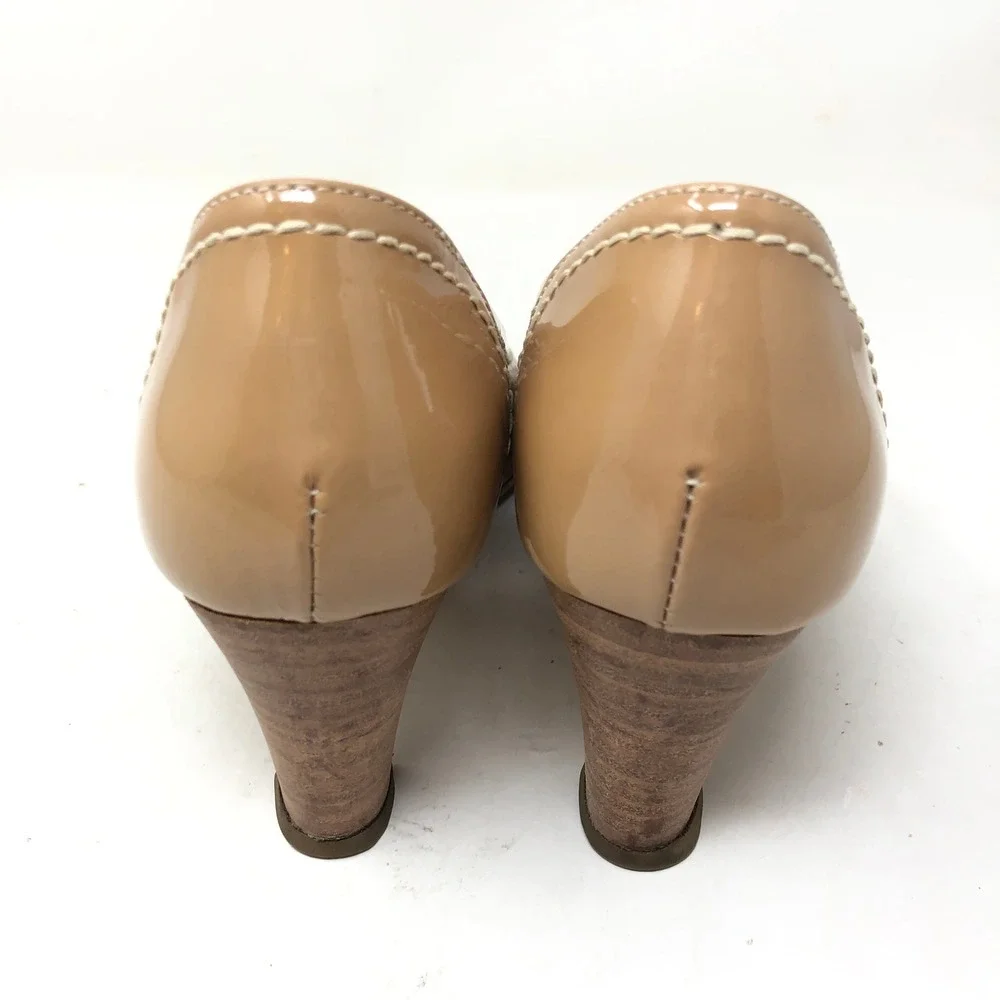 AGL Tan Patent Leather Pumps Round Toe Stitch Heels Womens 38.5